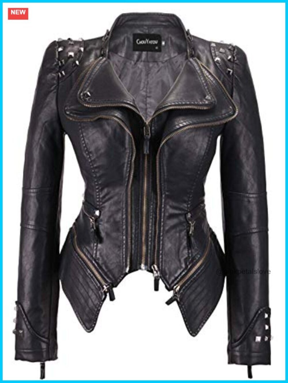 Faux Leather Biker Jacket with Studded Details & Detachable Hem